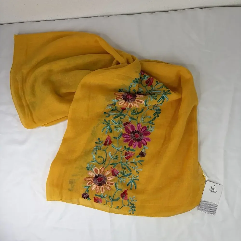 Bon Voyage Orange Embroidered Scarf New With Tags, rectangular, colorful, floral